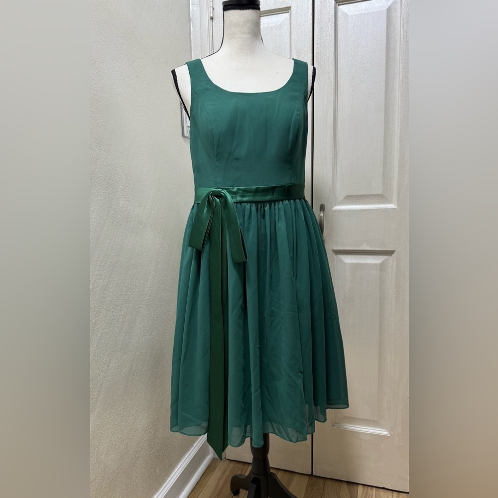 Azazie Bridesmaid Size 8 Peacock Green Sleeveless Bow Babydoll Knee Midi Dress